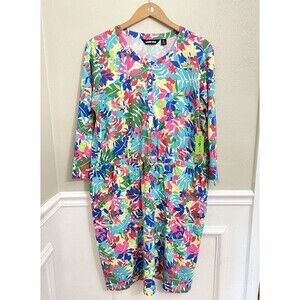 Lands End Dress XL Midi Floral Tie Waist Long Sleeves Leaves Multi Color New